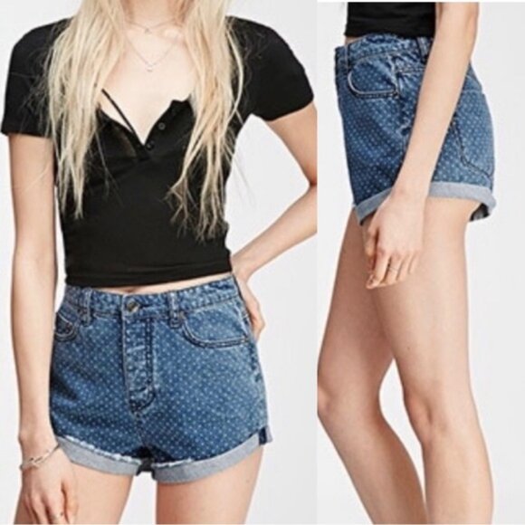 Forever 21 | High Waisted Polka Dot Denim Shorts | Size 28 - Picture 1 of 11